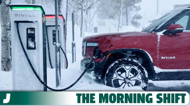 A Rivian truck recharges at a Rivian electric vehicle (EV) charging station during a snowstorm on March 3, 2024 in Truckee, California.