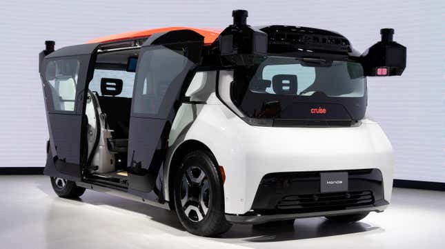 The Cruise Origin autonomous vehicle is displayed in the Honda Motor Co. booth during the Japan Mobility Show at Tokyo Big Sight in Tokyo, Japan on October 25, 2023.